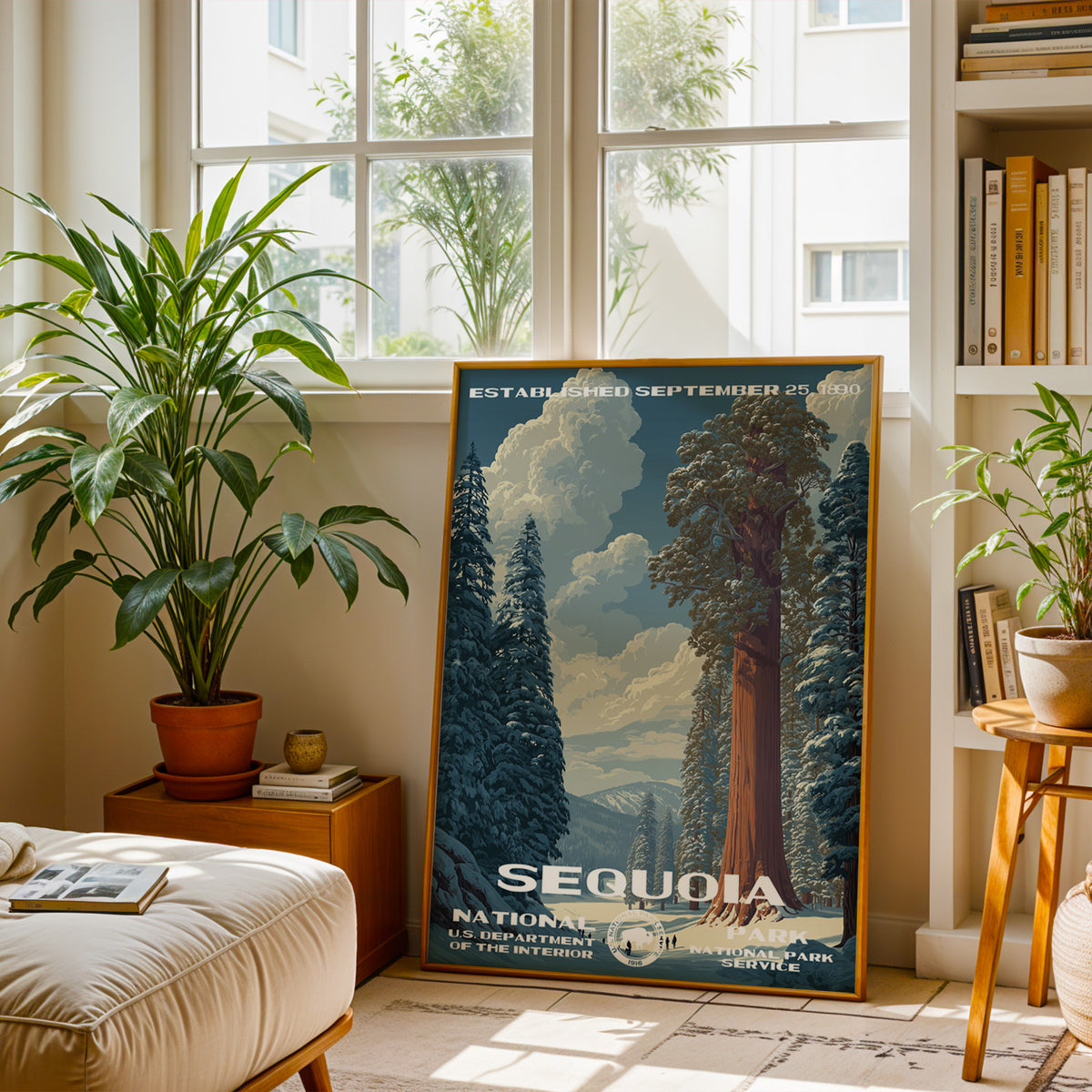 Sequoia National Park travel print leaning on a bench by a sunny window and bookshelves