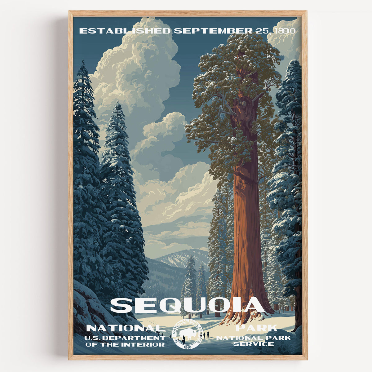 Sequoia National Park vintage travel poster in a wood frame, a giant sequoia trunk with tiny visitors at its snowy base