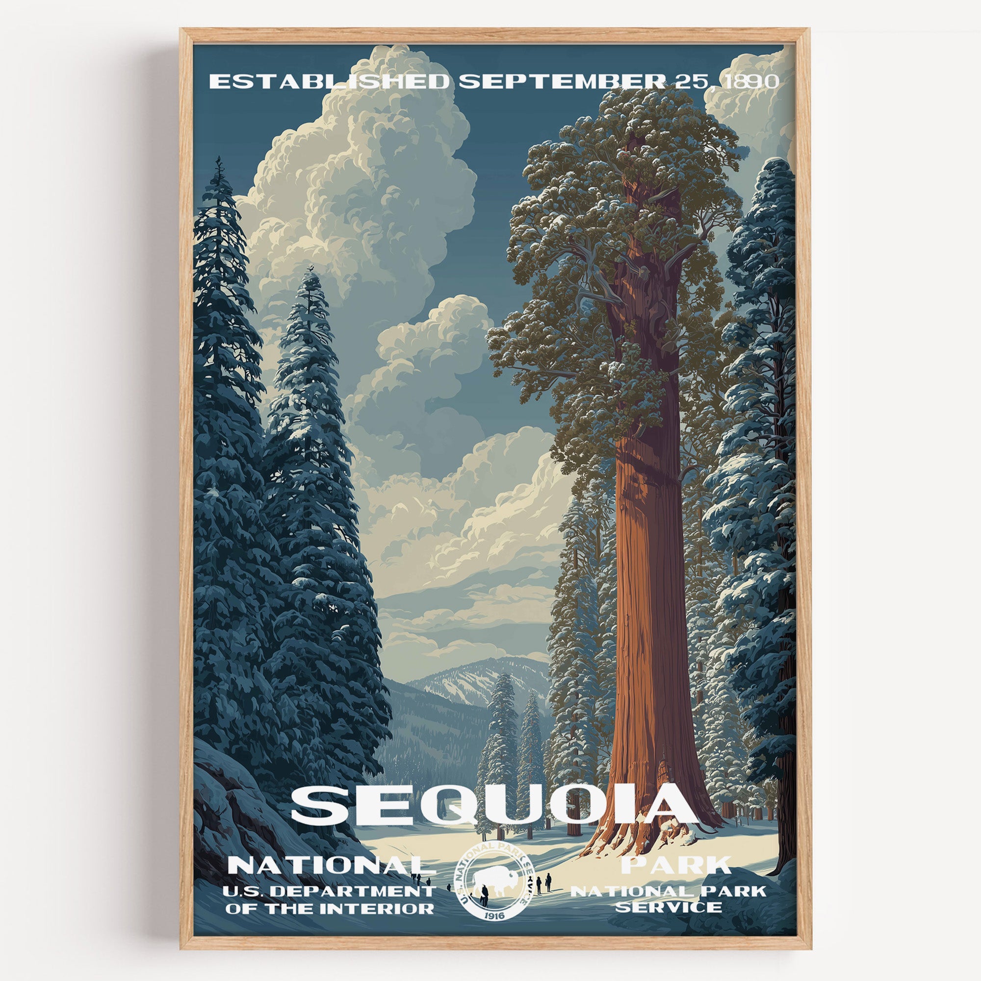 Sequoia National Park vintage travel poster in a wood frame, a giant sequoia trunk with tiny visitors at its snowy base