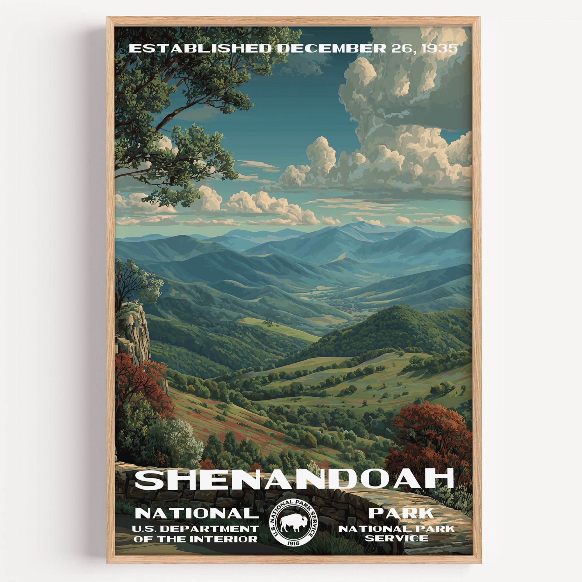 Shenandoah National Park vintage travel poster in a wood frame, rolling blue ridges and green farm valleys seen from