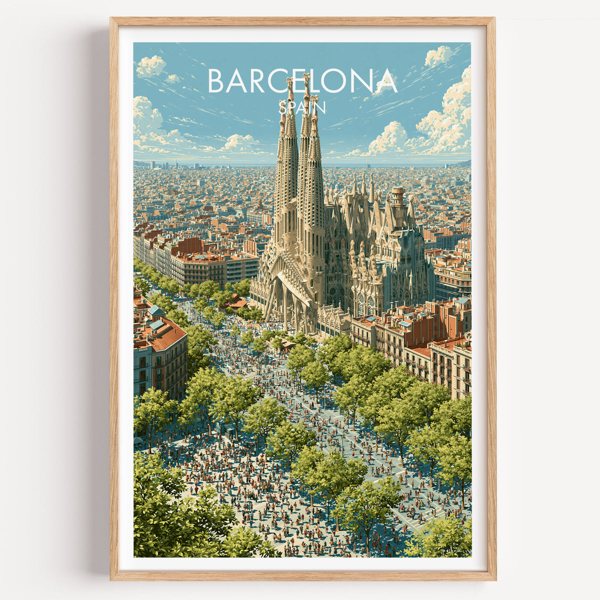 Sagrada Familia travel poster, light oak frame on a plain white wall
