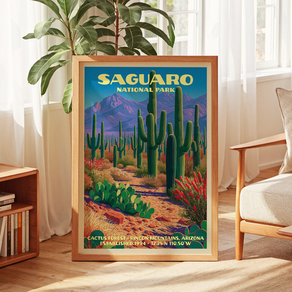 Saguaro desert print in oak, leaning by a sunlit window with sheer curtains and a low bookshelf