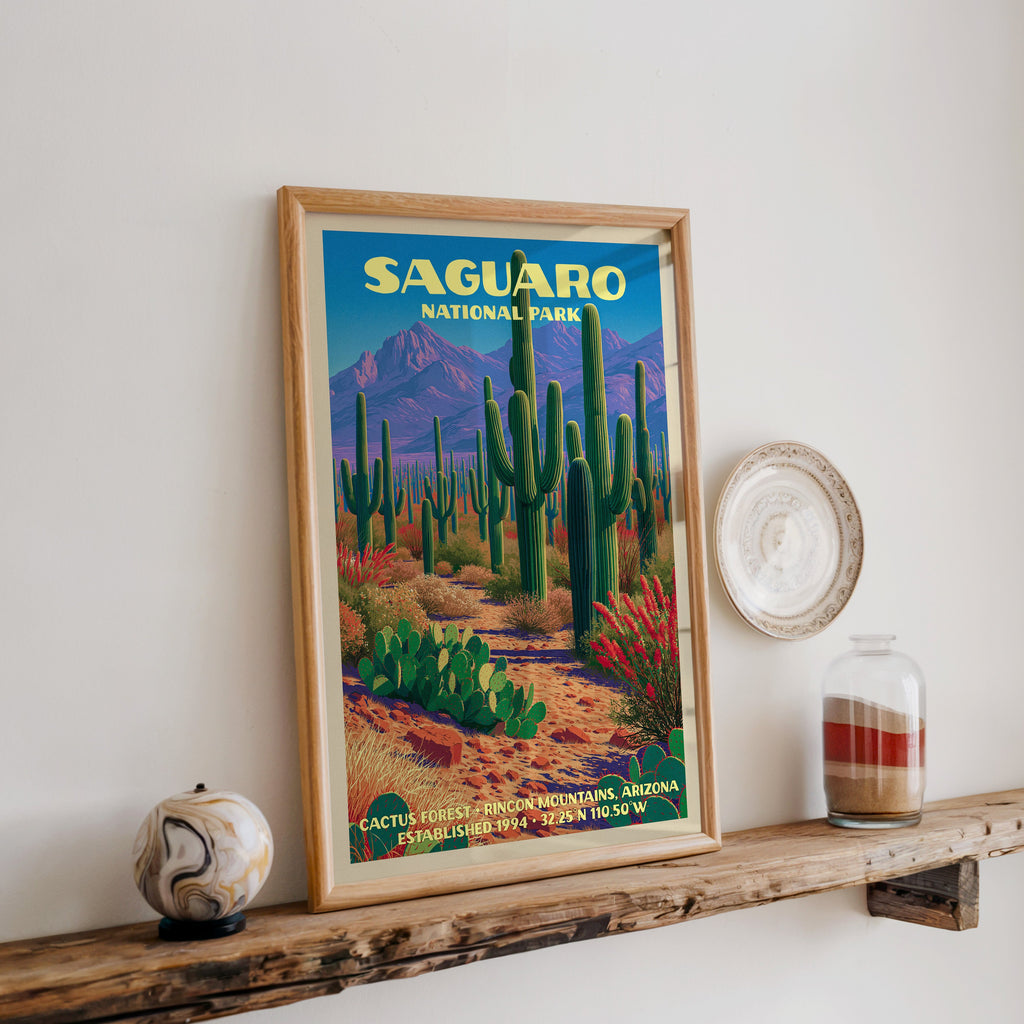 Saguaro Cactus Forest print in oak, leaning on a reclaimed wood ledge with a stone sphere and sand jar