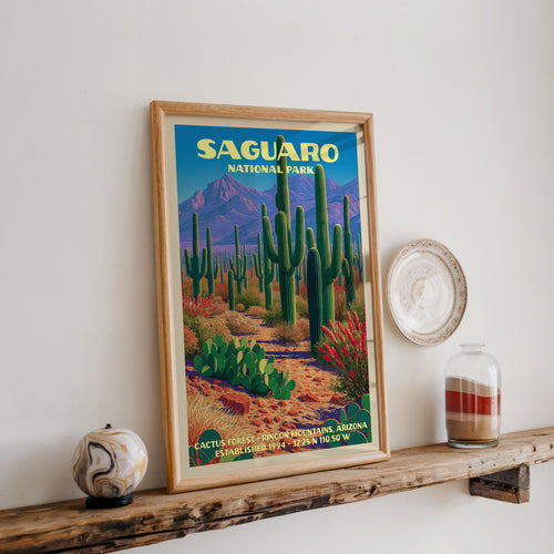 Saguaro Cactus Forest print in oak, leaning on a reclaimed wood ledge with a stone sphere and sand jar
