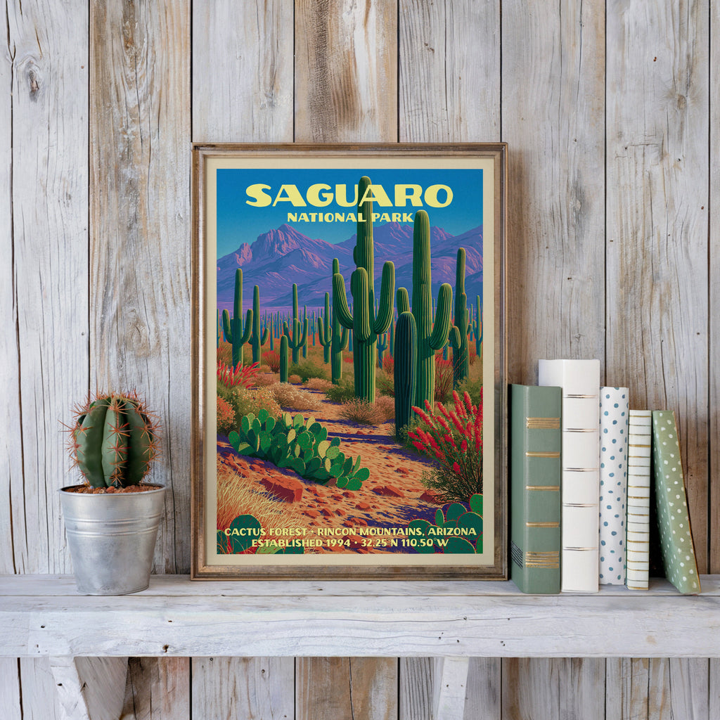 Saguaro desert print in a slim gold frame on a whitewashed plank wall beside a potted cactus and books