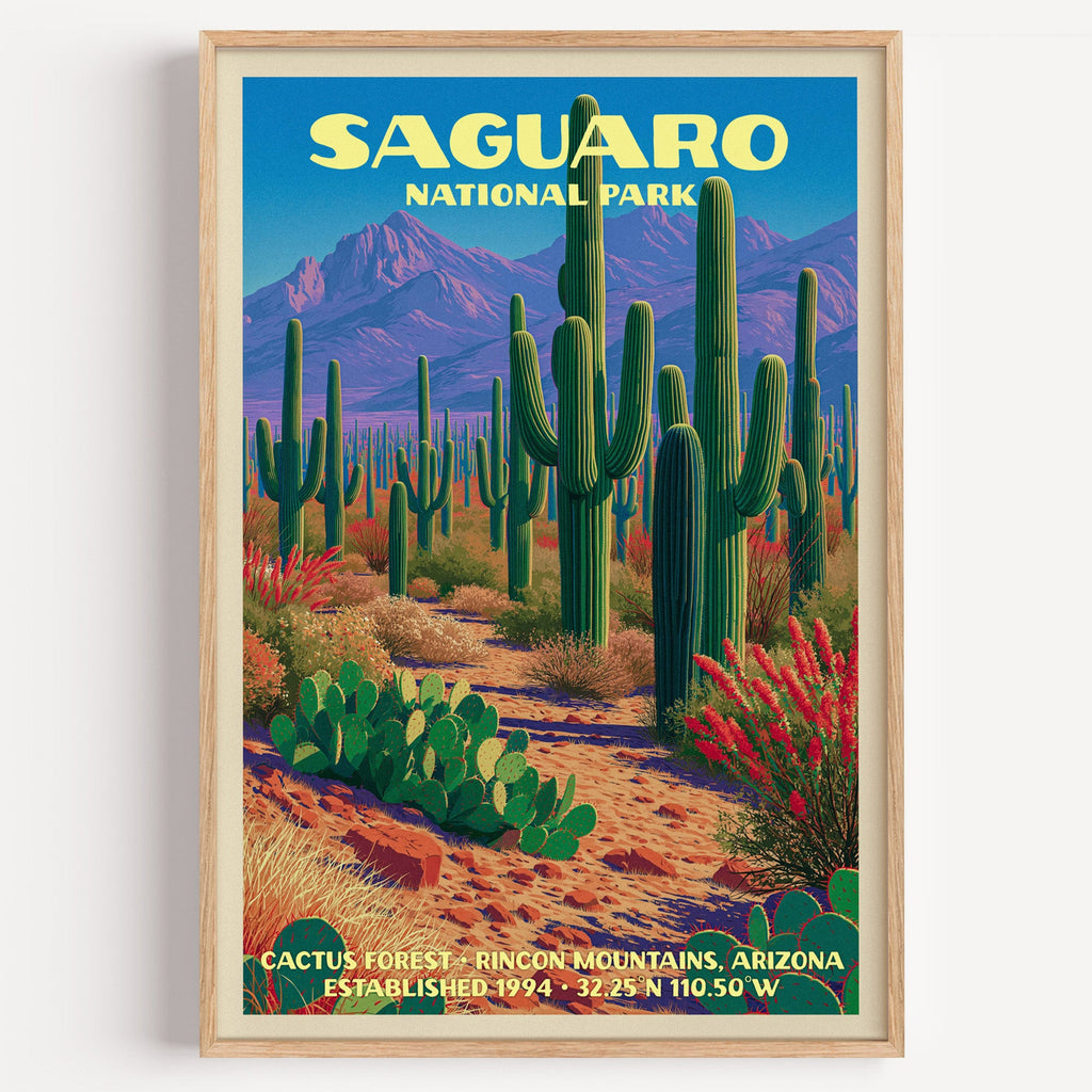 Cactus Forest Saguaro National Park vintage print in a light oak frame on a plain white wall