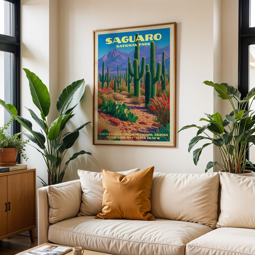 Saguaro vintage travel print in oak above a cream sofa with a rust cushion and tall houseplants