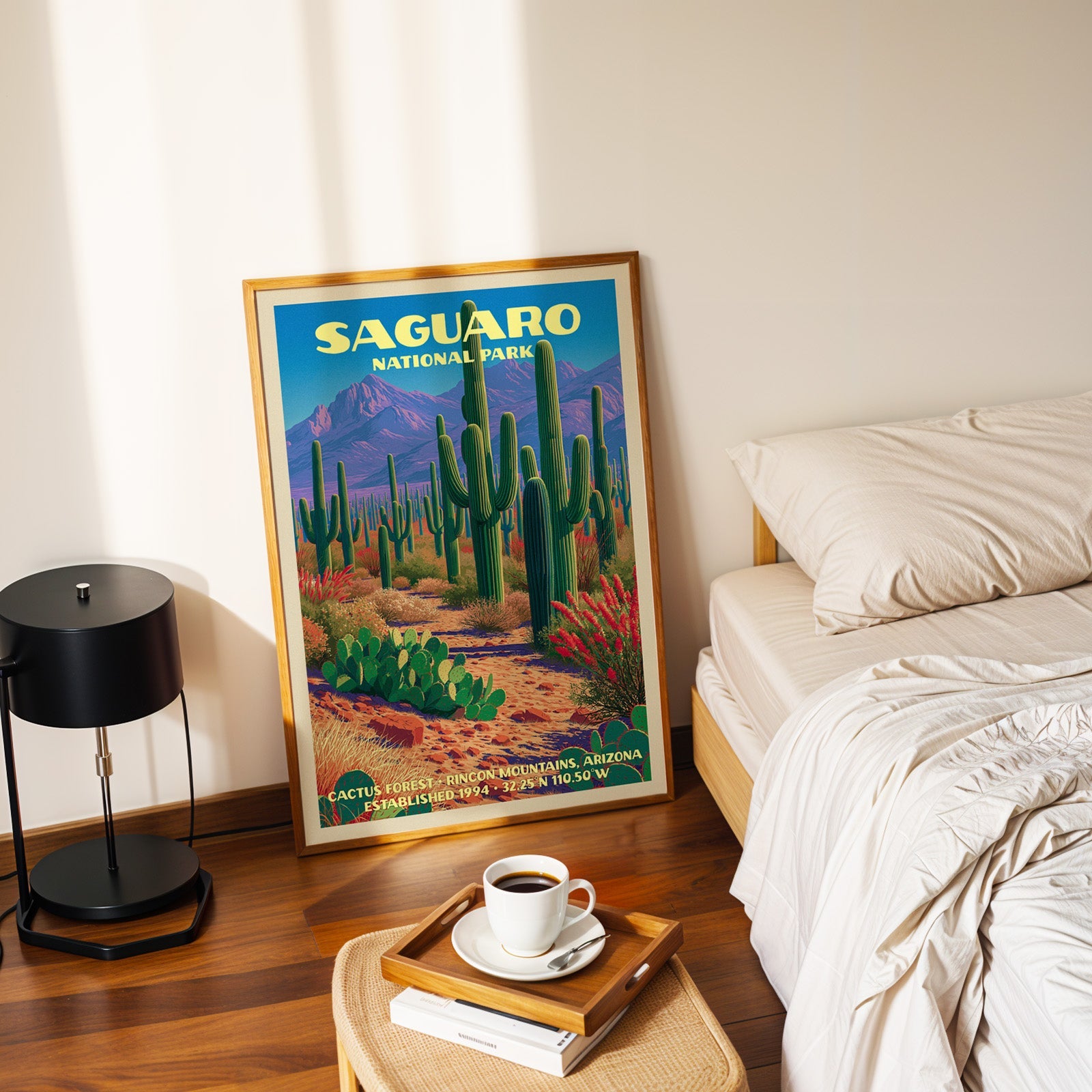 Cactus Forest Saguaro print in a gold frame on the floor beside a made bed and a black table lamp
