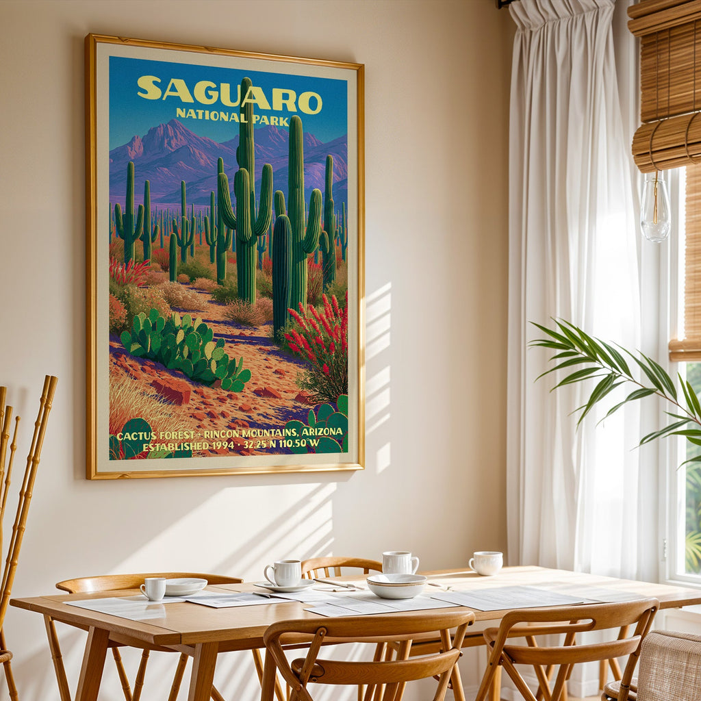 Saguaro National Park print in gold above a light oak dining table by a curtained window