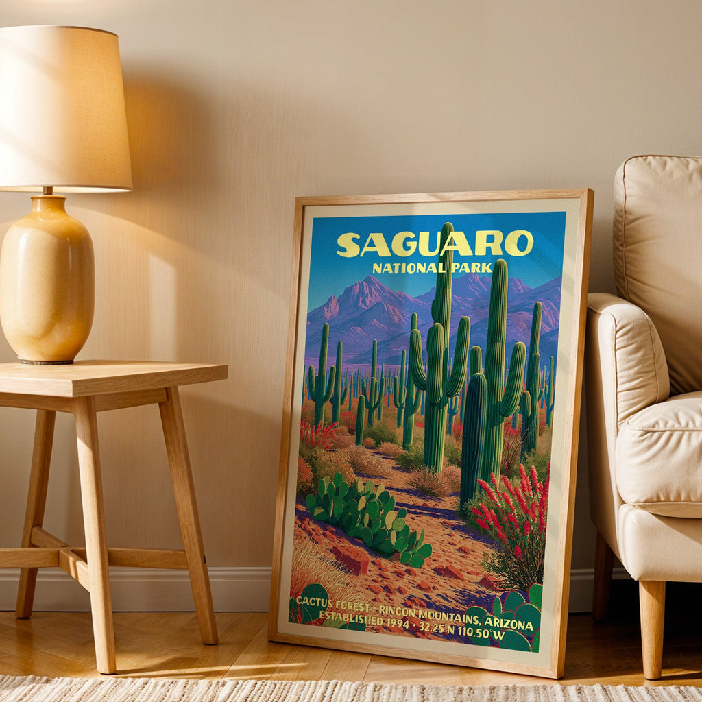 Cactus Forest Saguaro wall art in oak, leaning by an armchair and a side table with an ochre lamp