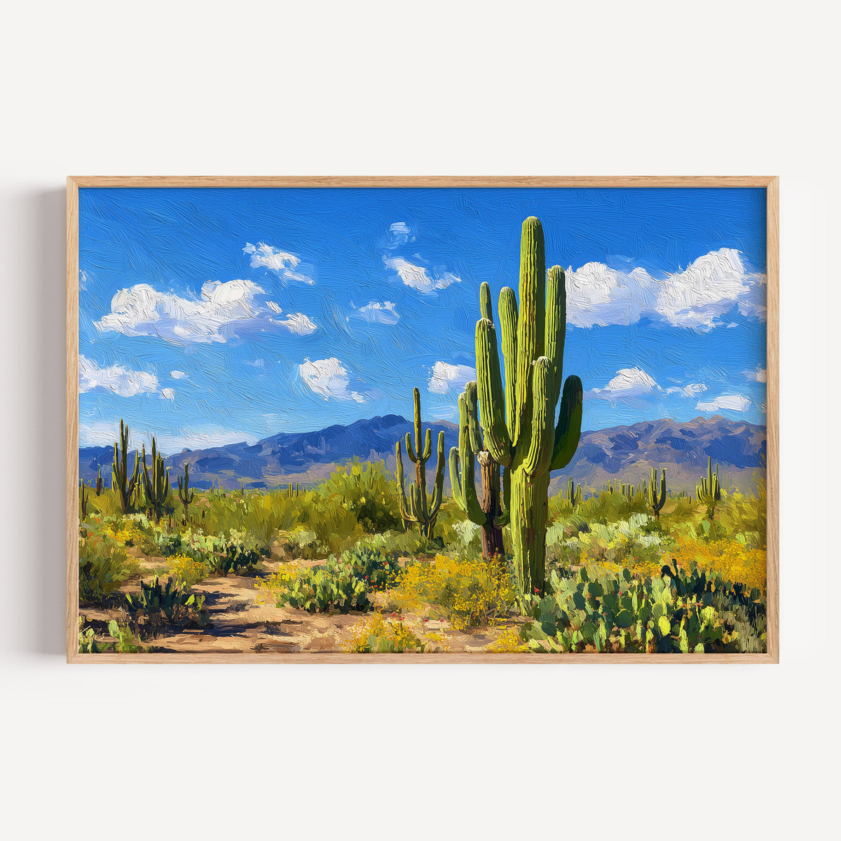 Saguaro National Park oil painting print in an oak frame: a saguaro cactus among yellow wildflowers