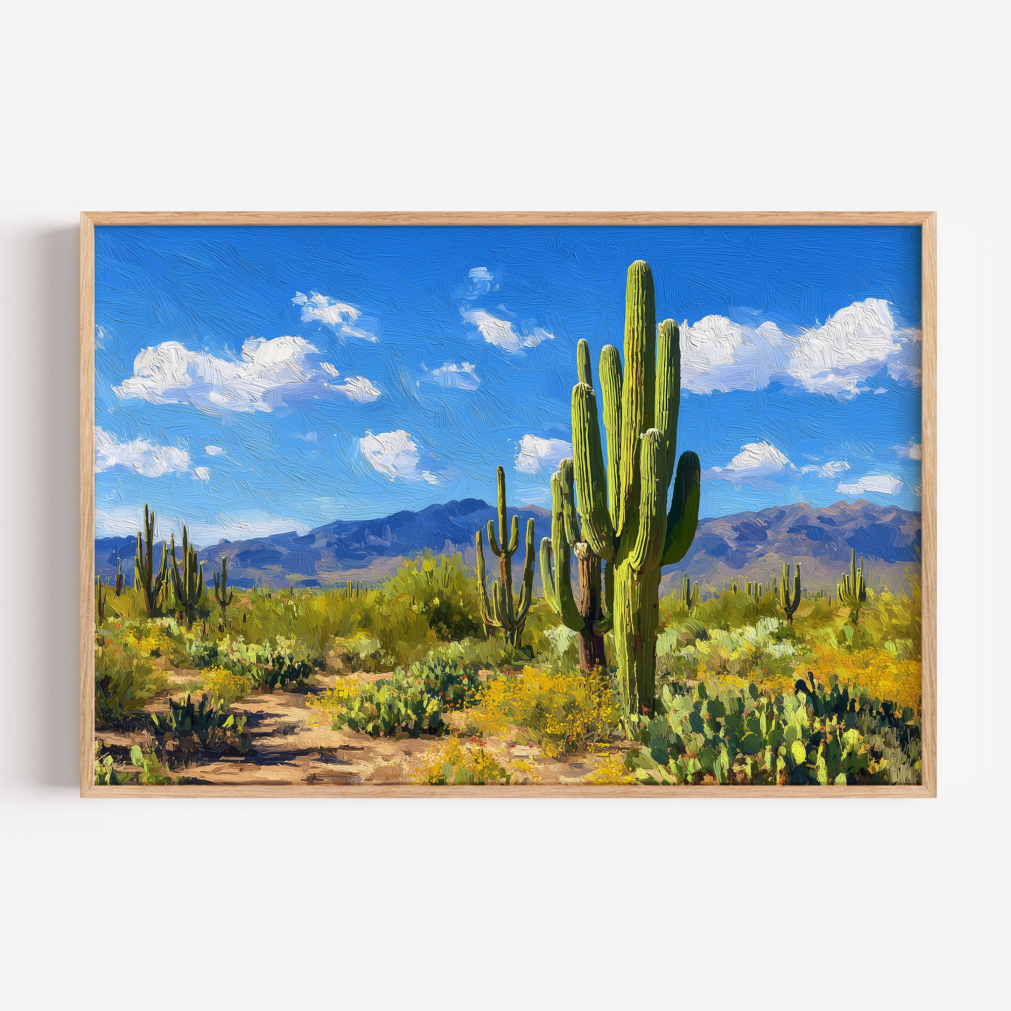Saguaro National Park oil painting print in an oak frame: a saguaro cactus among yellow wildflowers