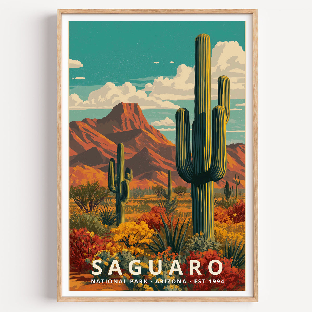 Saguaro National Park retro travel poster — tall saguaro cacti against red desert mountains and a teal sky, Arizona