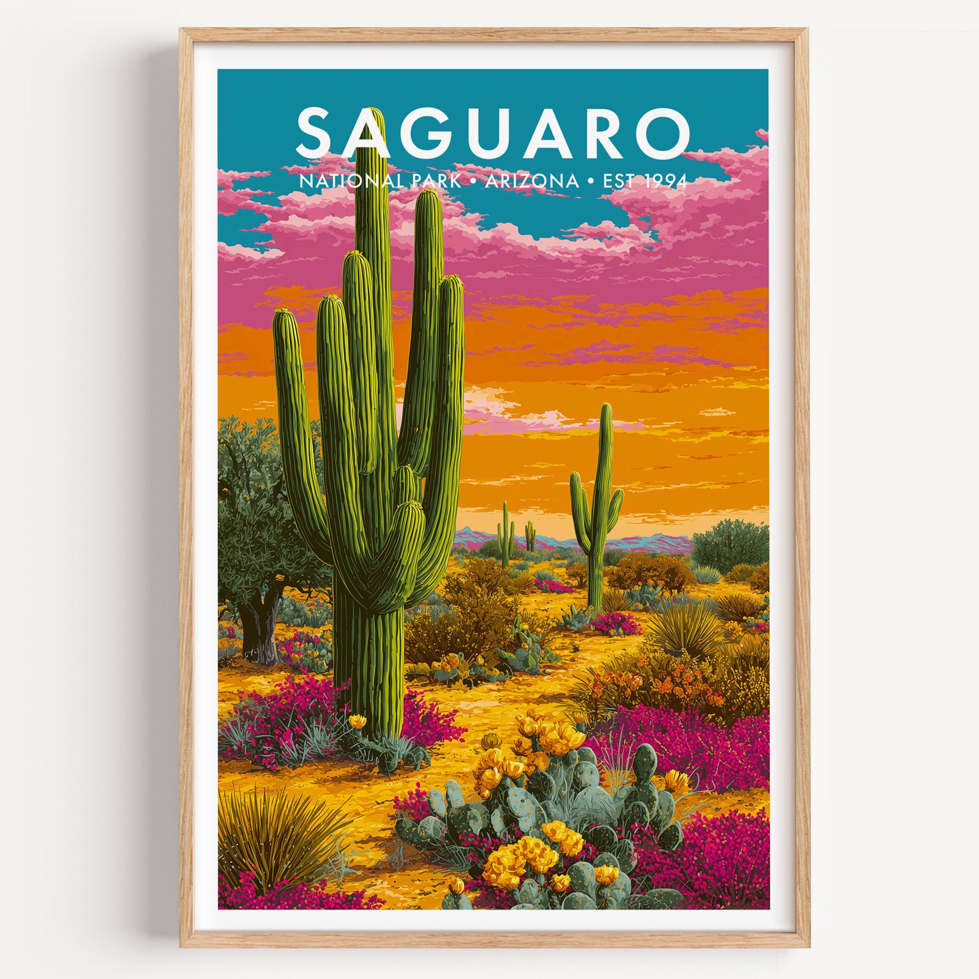 Saguaro National Park mid-century modern art print — a giant saguaro with arms raised against a sky of hot pink and tangerine