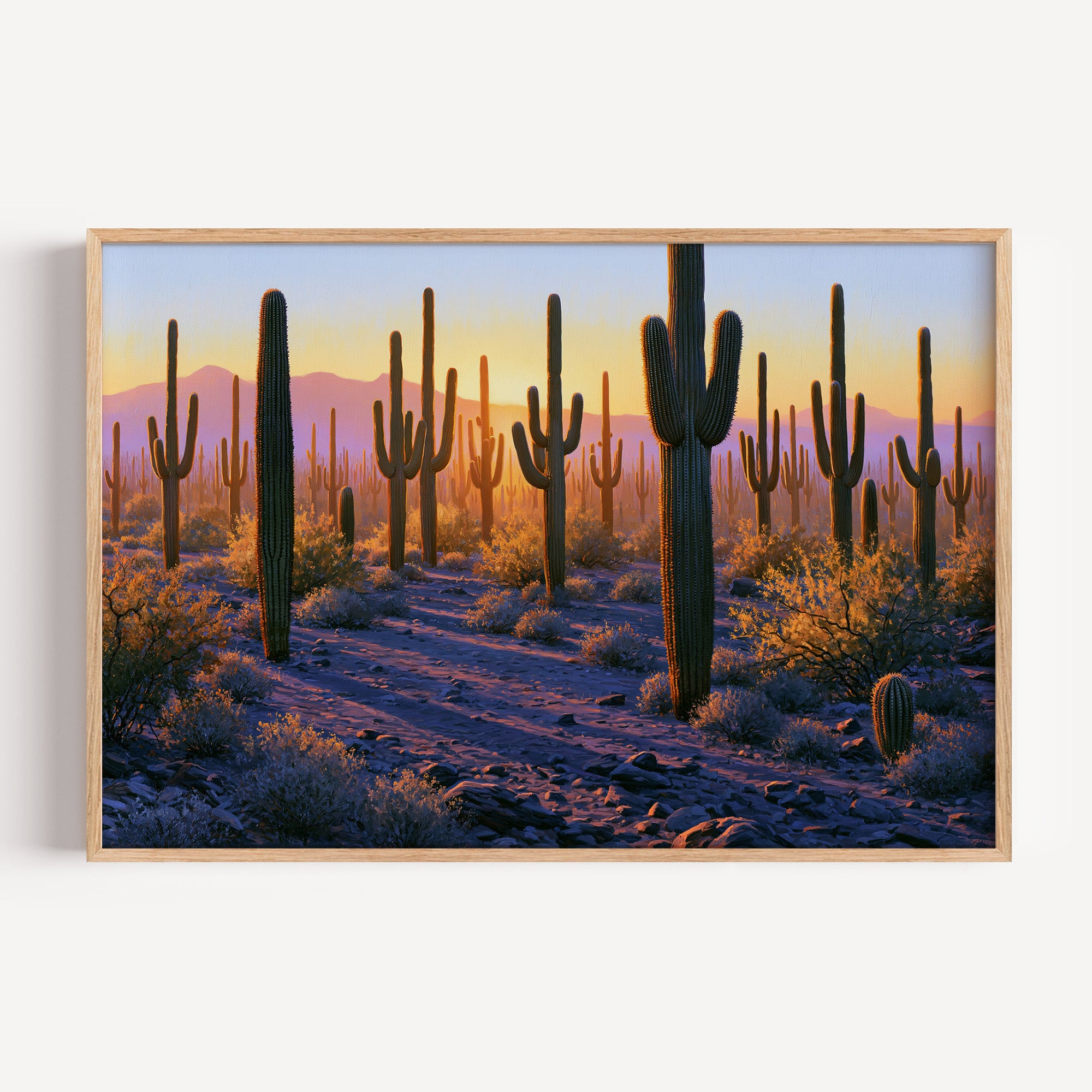 Saguaro National Park classical oil painting print in an oak frame: saguaros at sunset