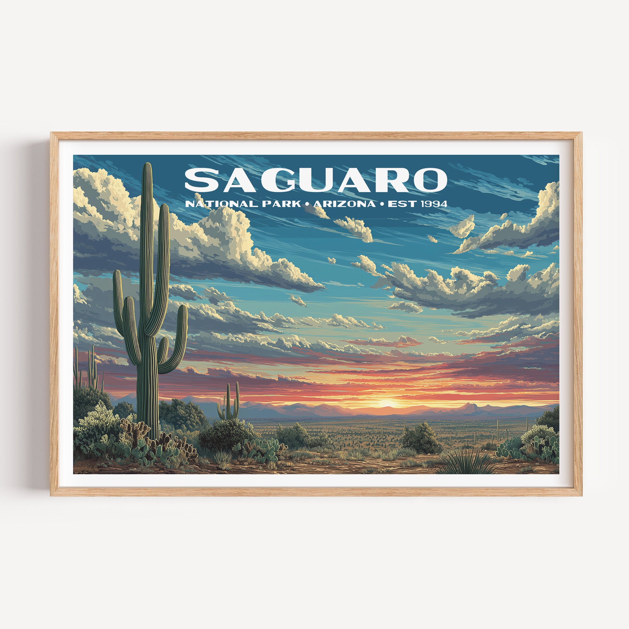 A tall saguaro cactus silhouetted against a red and orange Sonoran Desert sunset — Saguaro National Park vintage WPA travel poster print