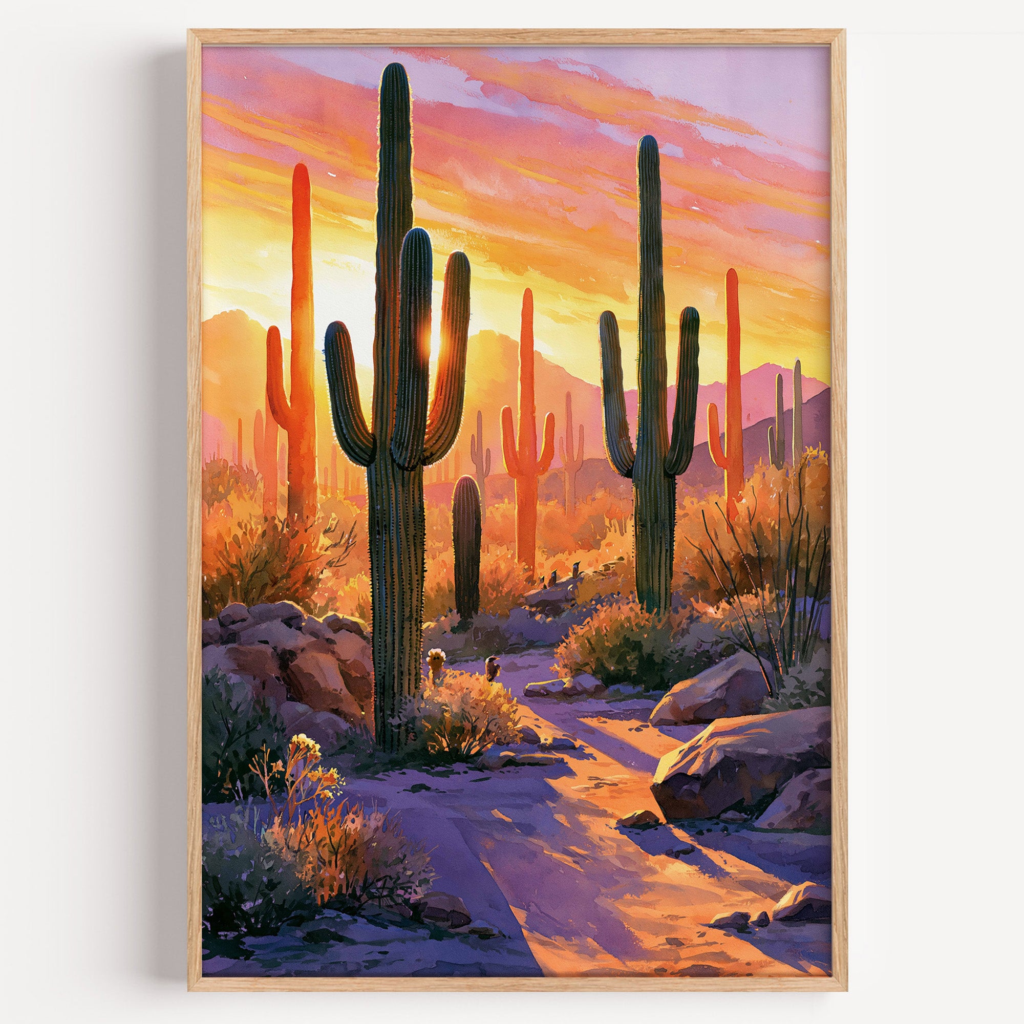Saguaro National Park watercolor art print: saguaro cactus silhouetted against a magenta and gold desert sunset