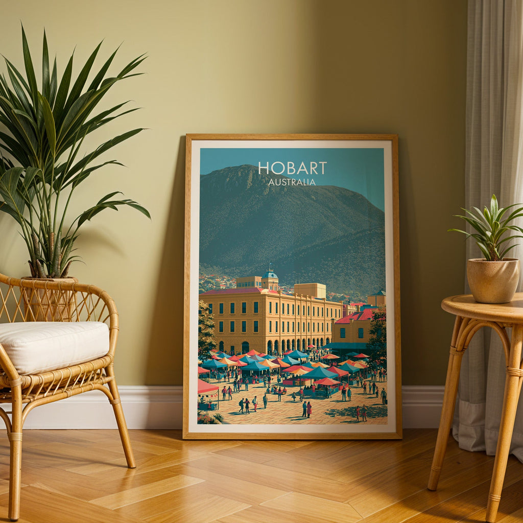Sandstone warehouse poster in an oak frame on herringbone parquet with an olive wall and rattan chair
