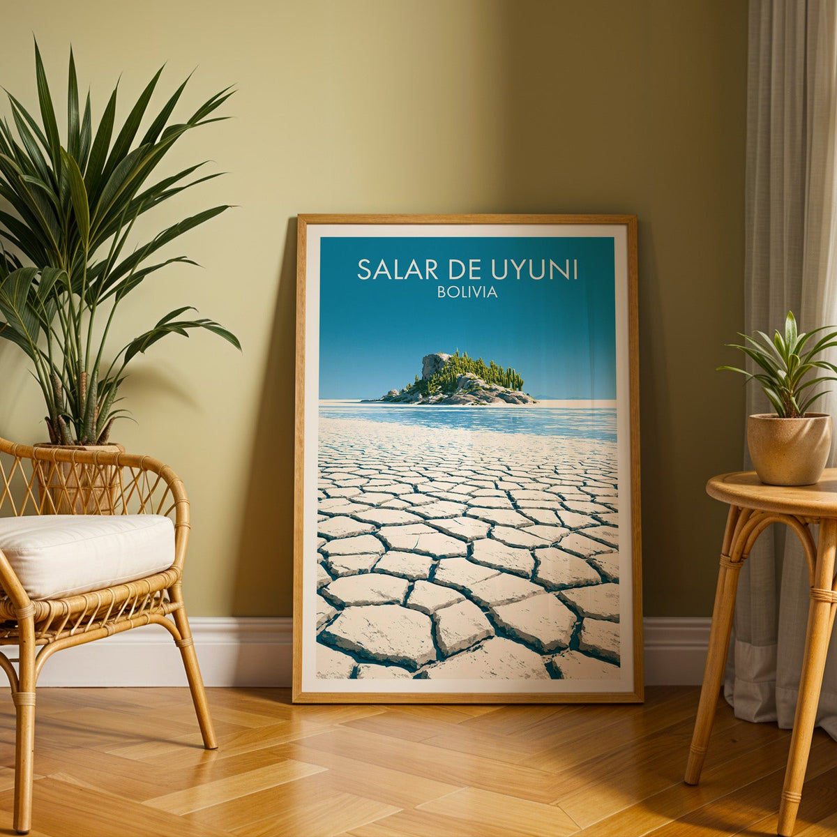 Uyuni desert artwork in an oak frame on a herringbone floor against an olive wall with a rattan chair and tall palm