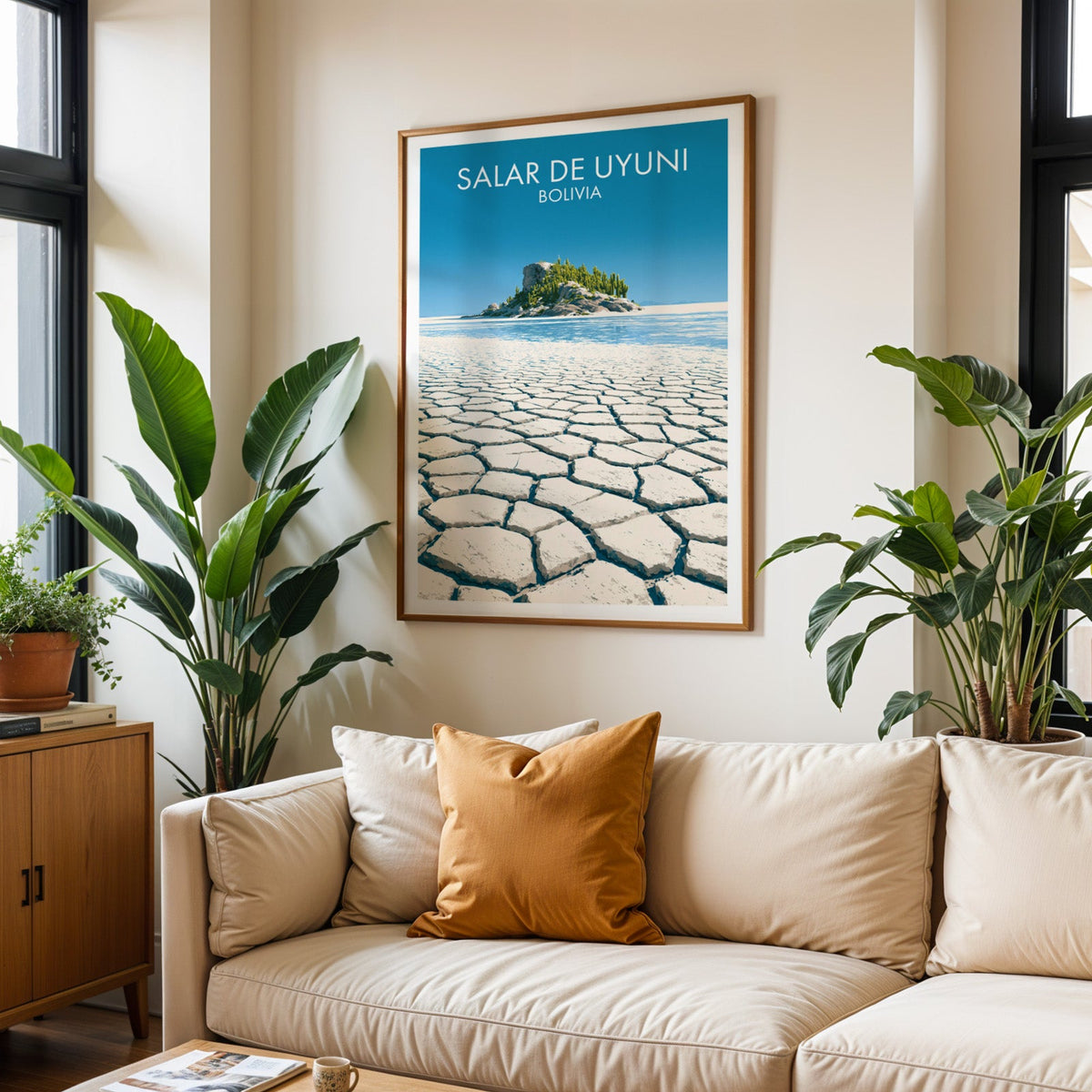 Bolivia salt desert print in an oak frame hung above a cream sofa with rust cushions and two tropical plants