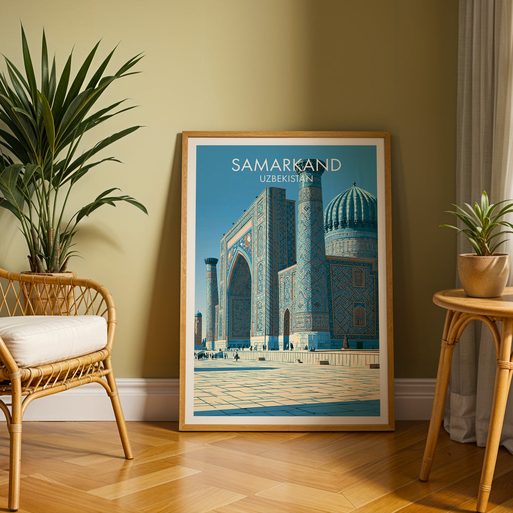 Large Samarkand Uzbekistan travel print in an oak frame leaning on a herringbone floor next to a rattan chair