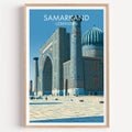 Samarkand Uzbekistan travel poster in a natural wood frame, shown against a clean white wall