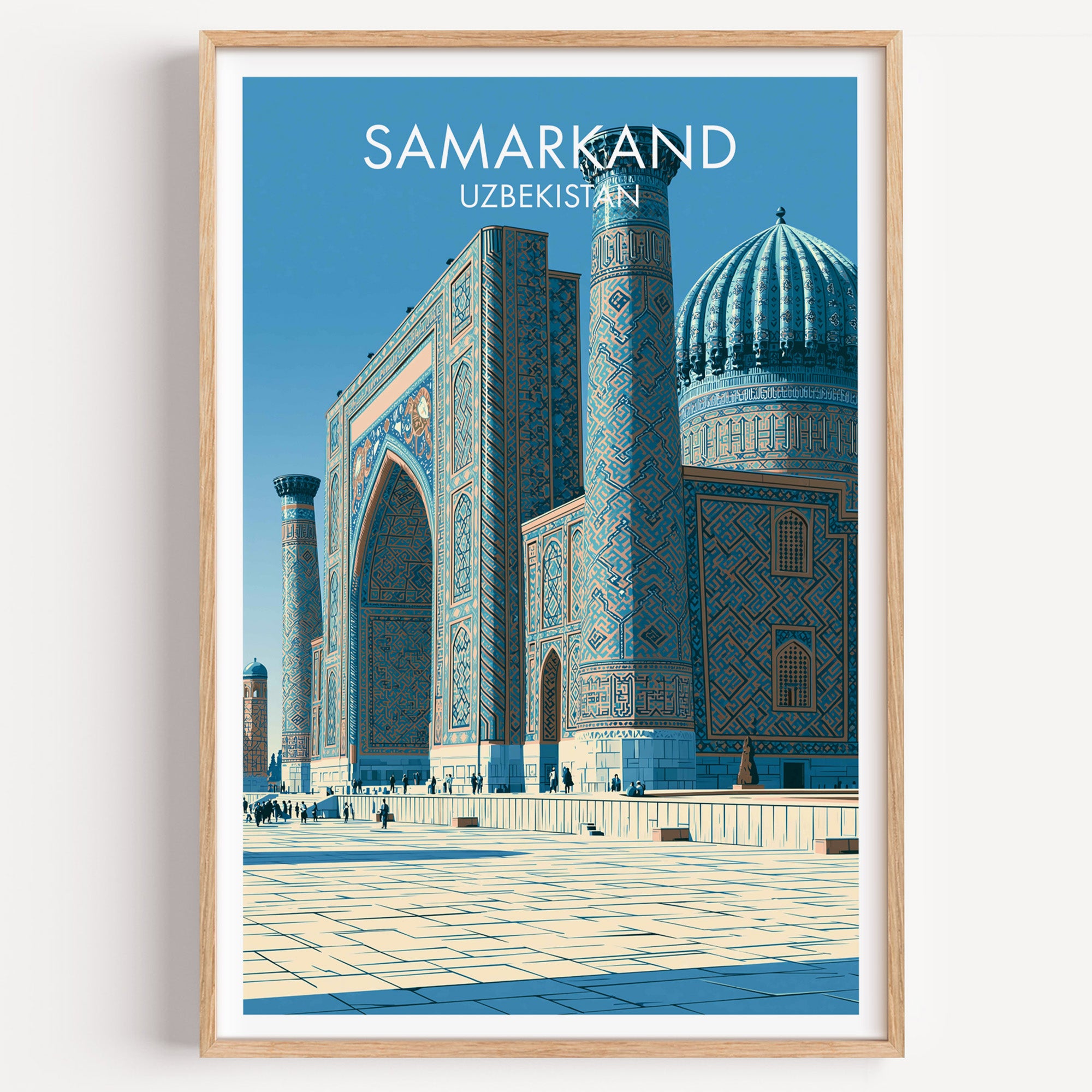 Samarkand Uzbekistan travel poster in a natural wood frame, shown against a clean white wall