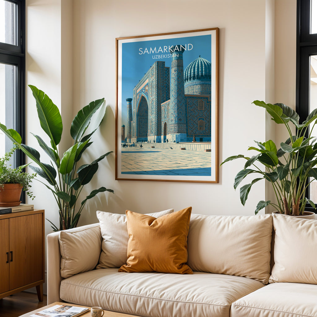 Framed Samarkand Uzbekistan wall art hanging above a cream sofa in a bright living room with tropical plants
