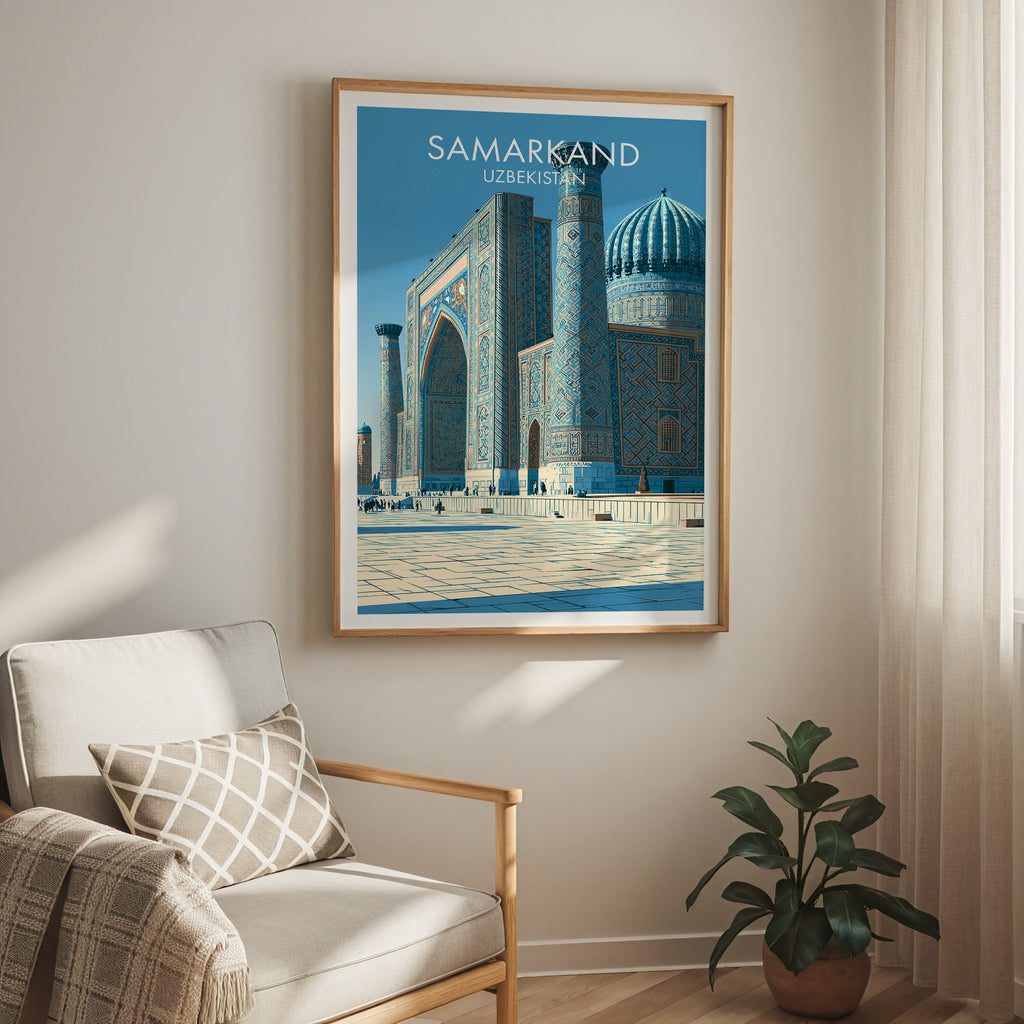 Samarkand Uzbekistan travel print in a light oak frame on a living room wall beside a linen armchair
