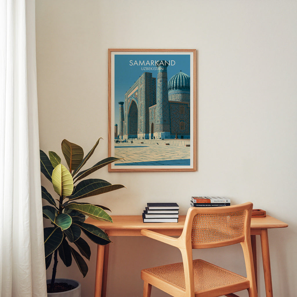 Samarkand Uzbekistan wall art above a wooden home office desk with a rattan chair and books