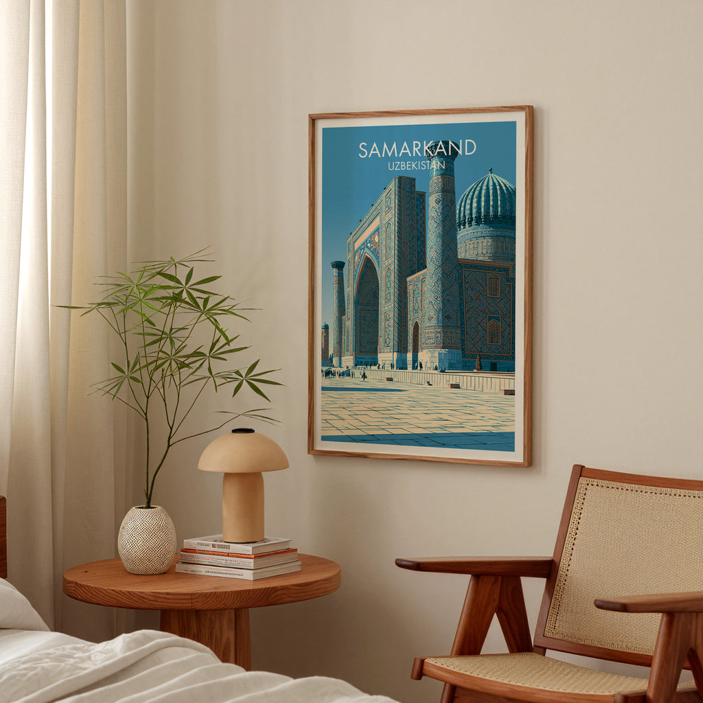 Samarkand Uzbekistan poster above a bedroom nightstand with a bamboo plant and mushroom lamp