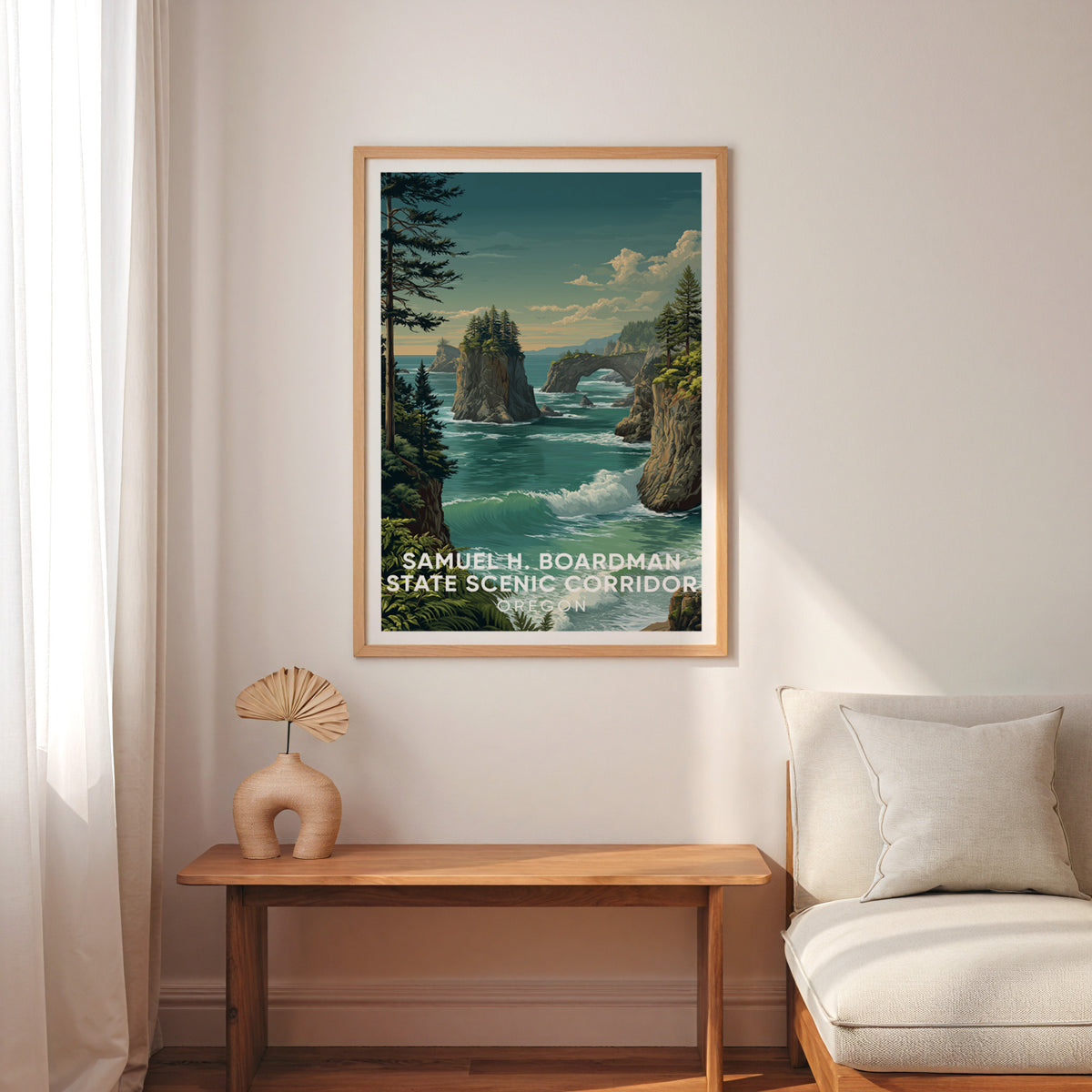 Samuel Boardman art print framed in oak over a slender wood bench, sheer curtains and a palm-leaf fan
