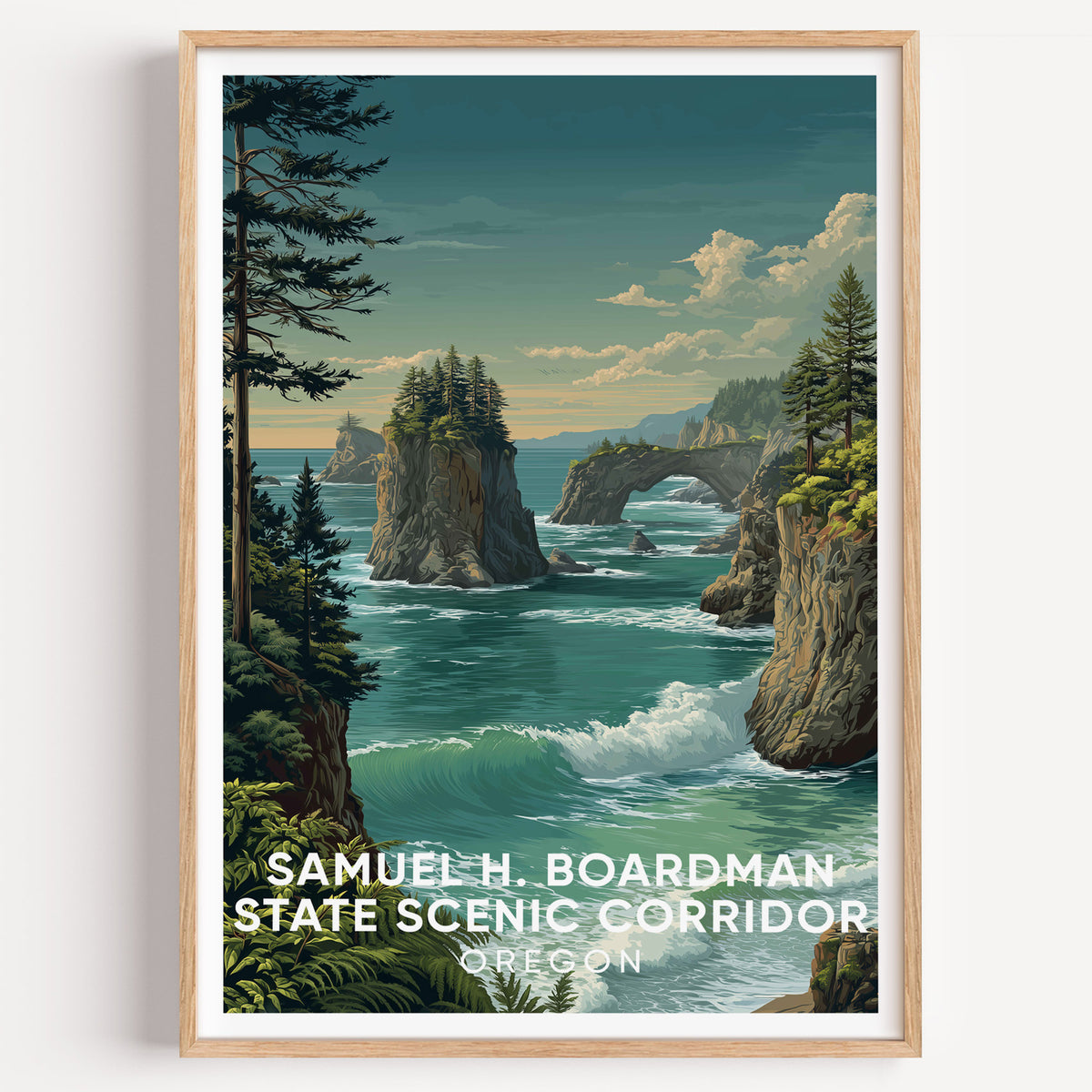 Samuel H. Boardman sea arch travel poster in an oak frame on a plain white wall, photographed straight on