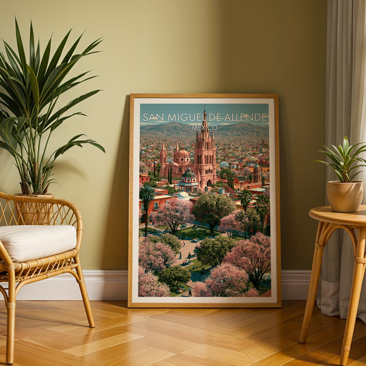 Green-tiled dome and pink facades in an oak frame on herringbone parquet by a rattan chair, olive wall
