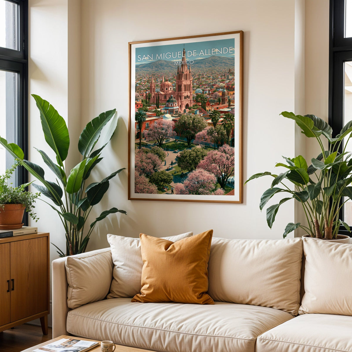 San Miguel de Allende travel print in an oak frame above a cream sofa with a burnt-orange cushion