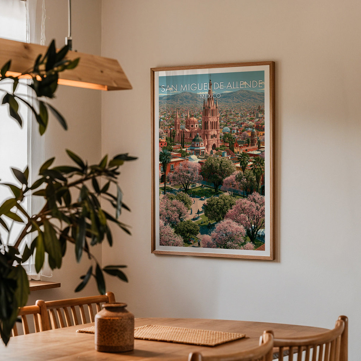 Spire above the square in an oak frame in a dining corner with oak table, spindle chairs and pendant lamp