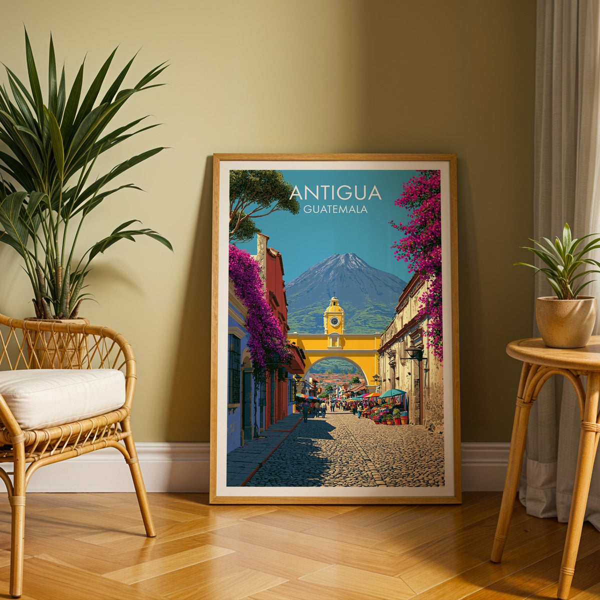 Volcano above a yellow stone archway, oak frame leaning on herringbone parquet with a rattan chair and cane table