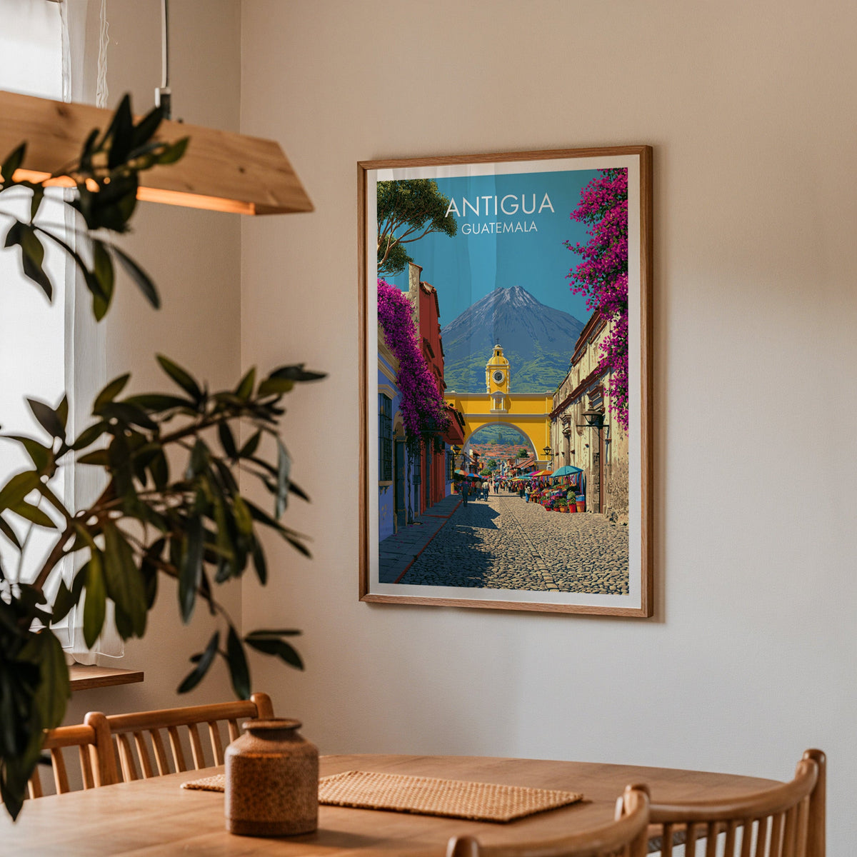 Clock tower arch and green slopes in an oak frame in a dining corner with spindle chairs and a wood pendant lamp