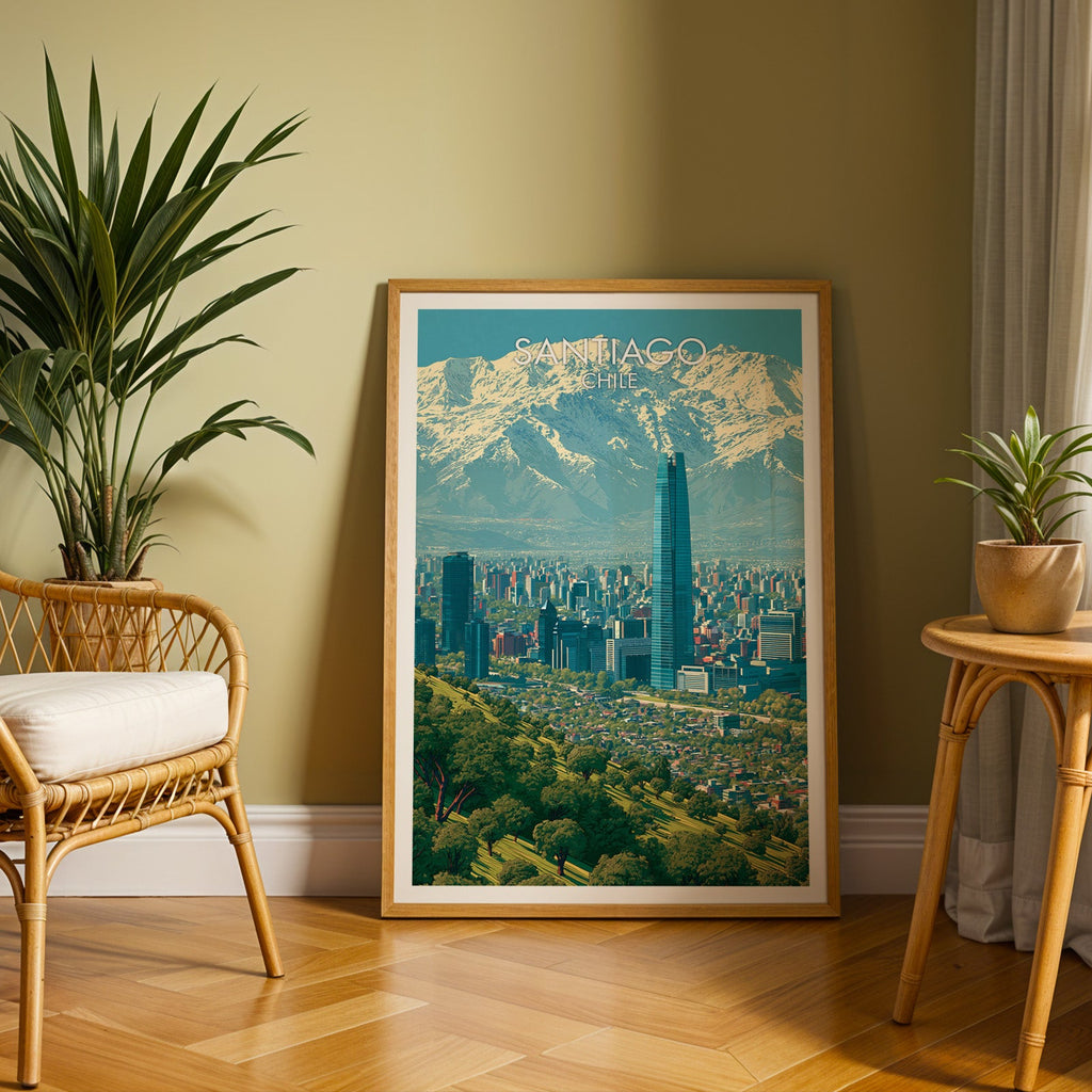 Santiago cityscape poster in an oak frame on herringbone floor by an olive wall, rattan chair and tall palm