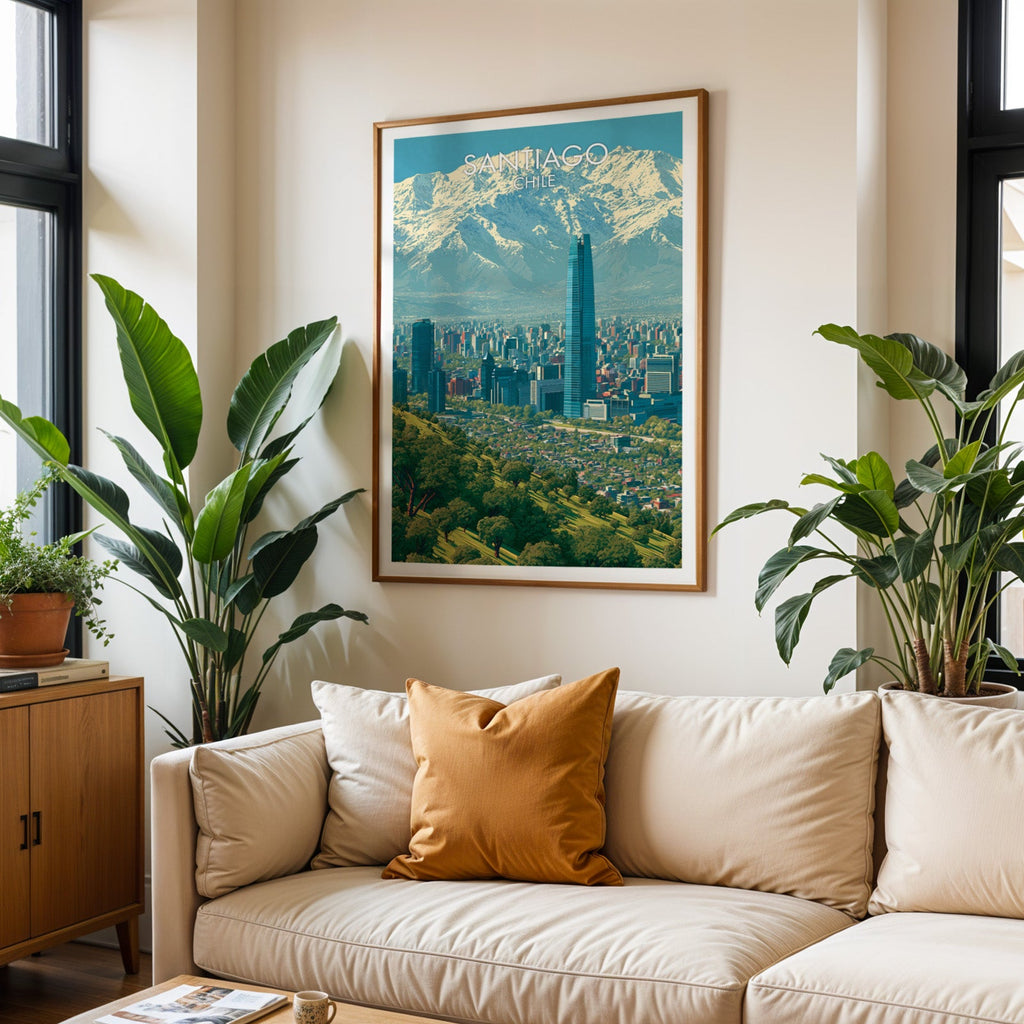 Santiago Chile print in an oak frame hung over a cream sofa with rust cushions and two tropical plants