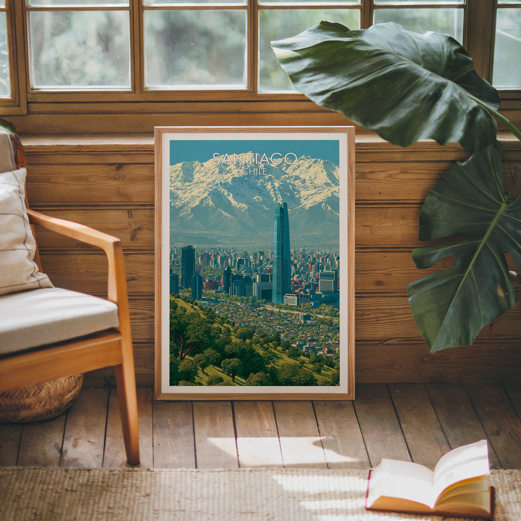 Snowcapped Andes over Santiago in an oak frame on a pine cabin wall, wood chair with cream cushion and monstera leaf