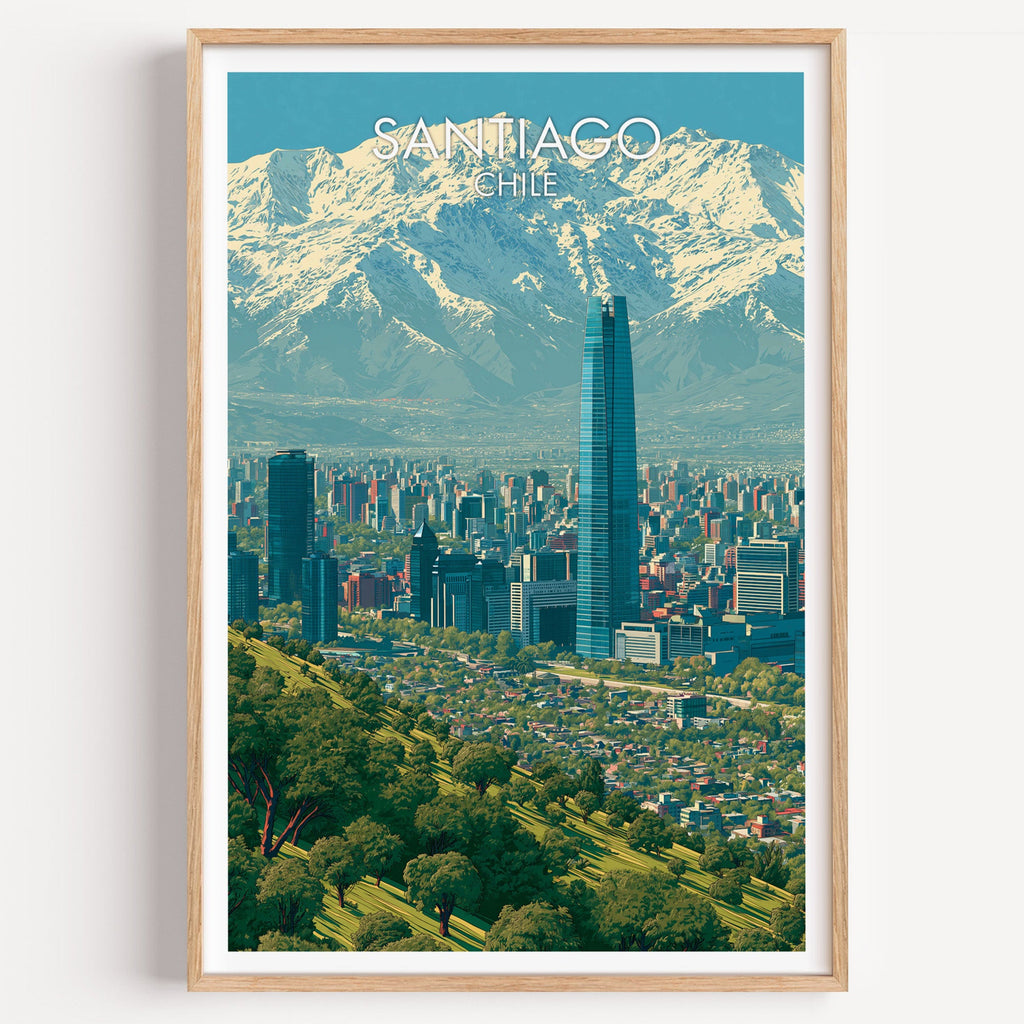 Santiago Chile travel poster of the snowcapped Andes above the city, in a light oak frame on a plain white wall