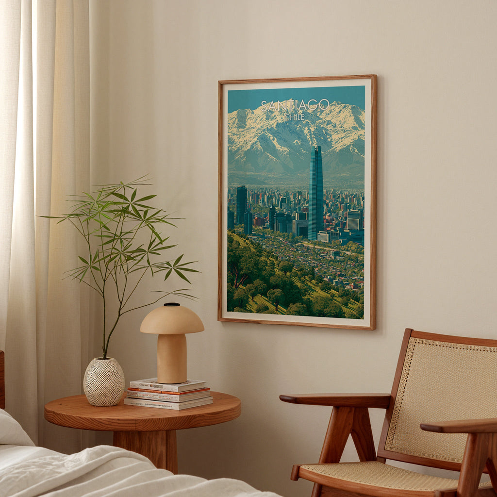 Santiago skyline poster in a walnut frame in a bedroom above a round nightstand with a terracotta mushroom lamp