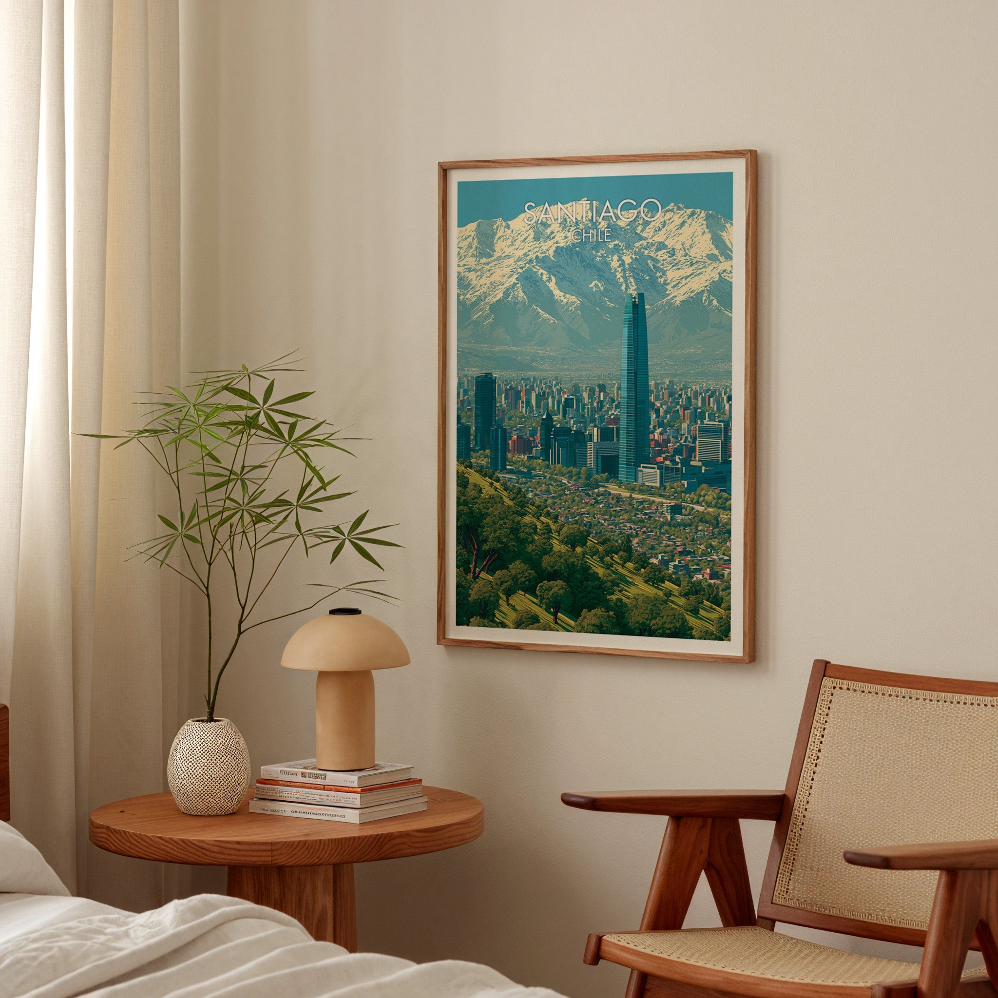Santiago skyline poster in a walnut frame in a bedroom above a round nightstand with a terracotta mushroom lamp