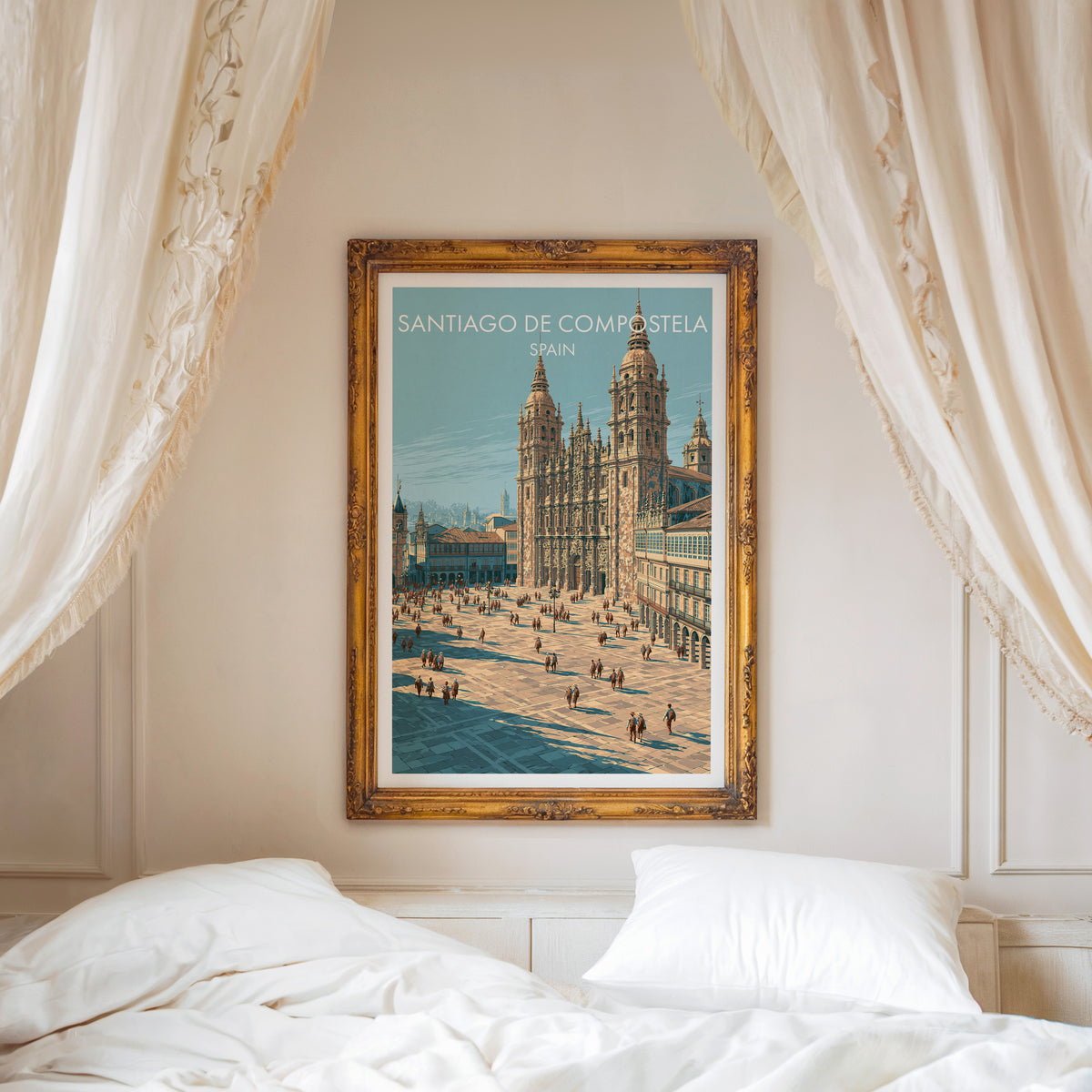 Santiago de Compostela poster, ornate gold frame above a white bed with linen canopy curtains