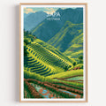 Sapa Vietnam travel poster in a natural wood frame, shown against a clean white wall