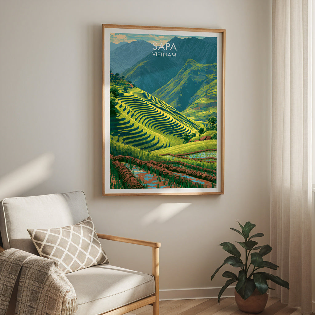 Sapa Vietnam travel print in a light oak frame on a living room wall beside a linen armchair
