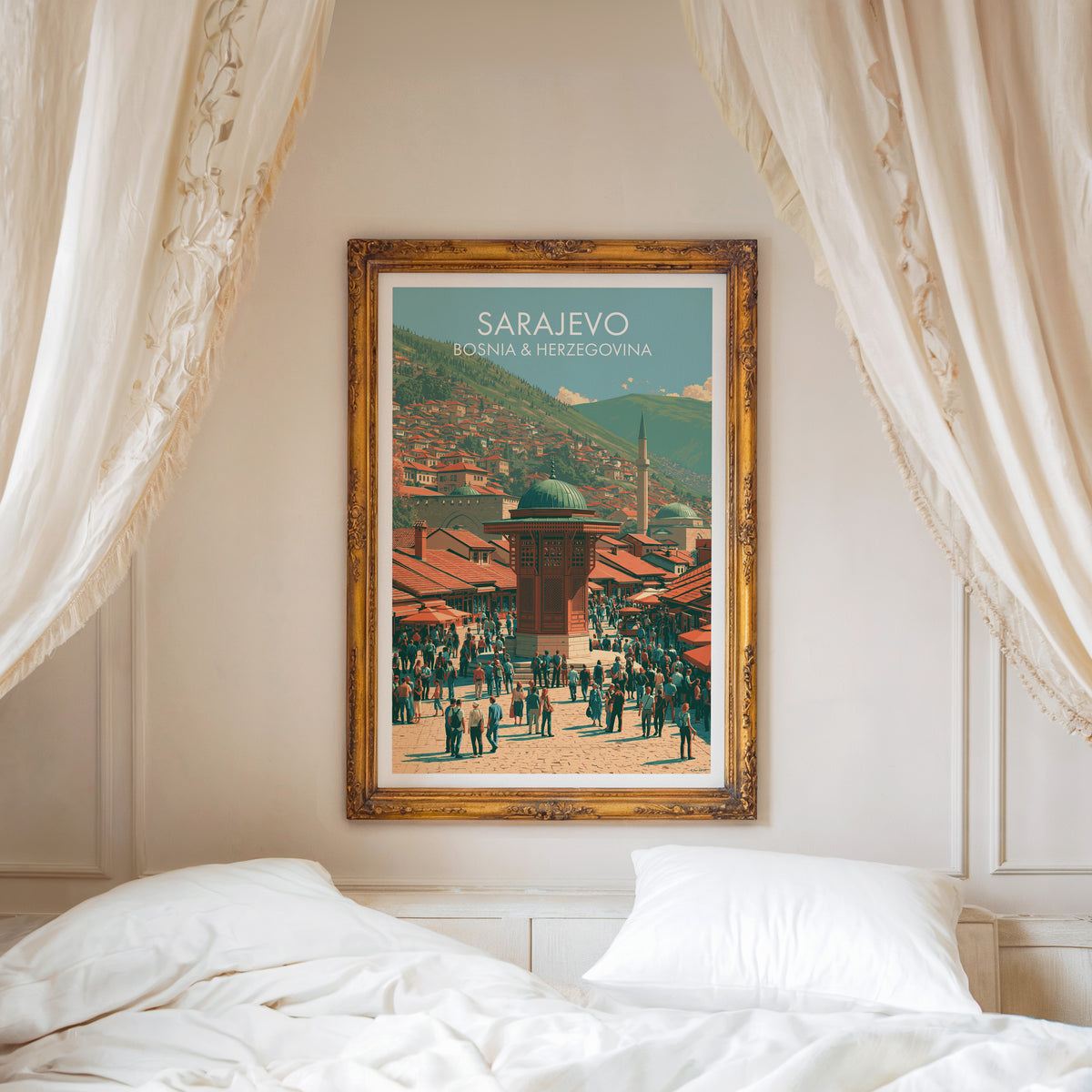 Sarajevo travel poster, ornate gold frame above a white bed with linen canopy curtains