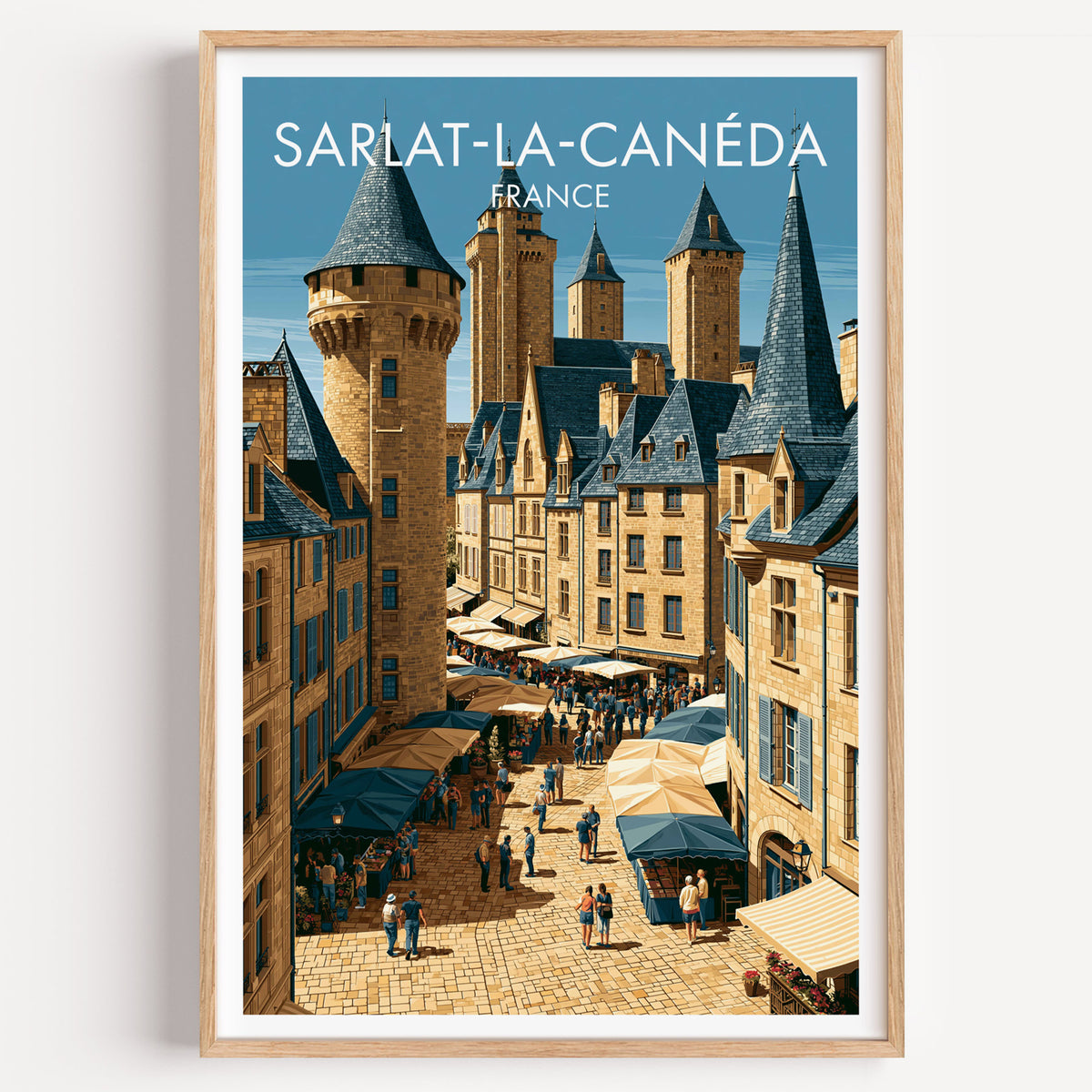 Sarlat-la-Canéda poster, light oak frame on a plain white wall