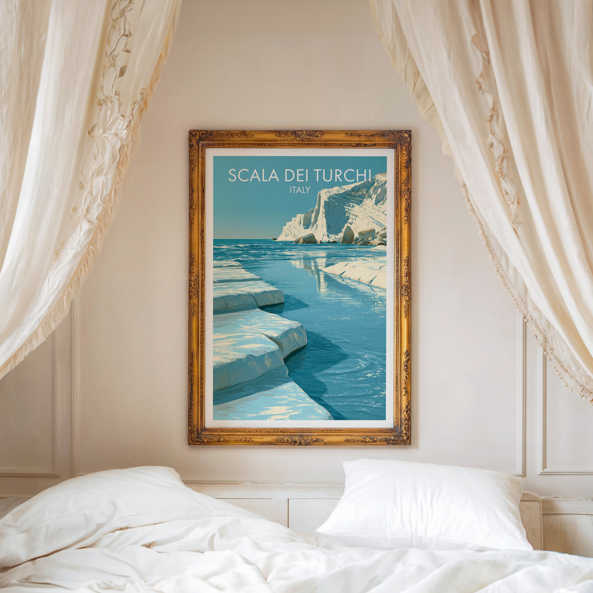 Scala dei Turchi poster, ornate gold frame above a white bed with linen canopy curtains